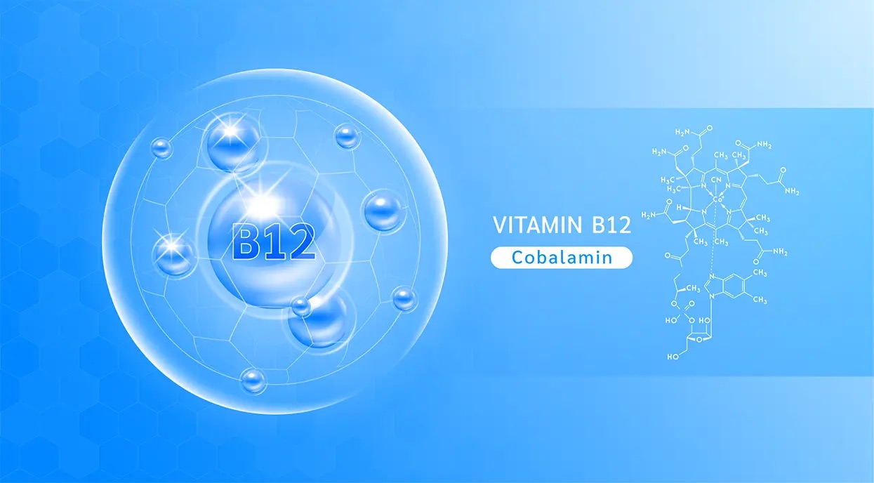 A molecule of vitamin B12 against a blue background and its chemical structure
